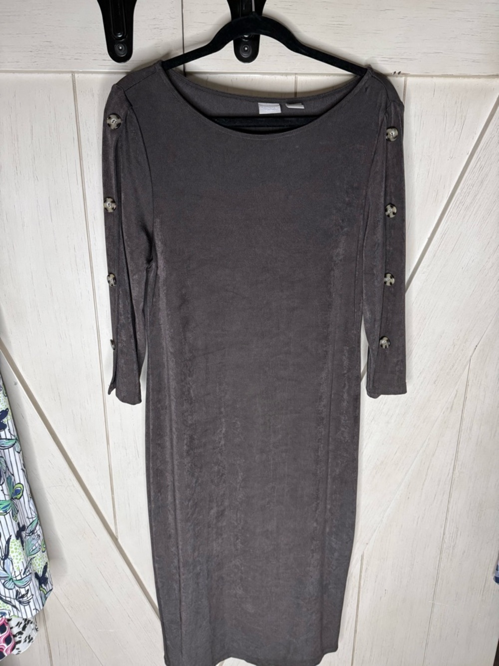 Chico's Charcoal Long-Sleeve Button-Trim Midi Dress